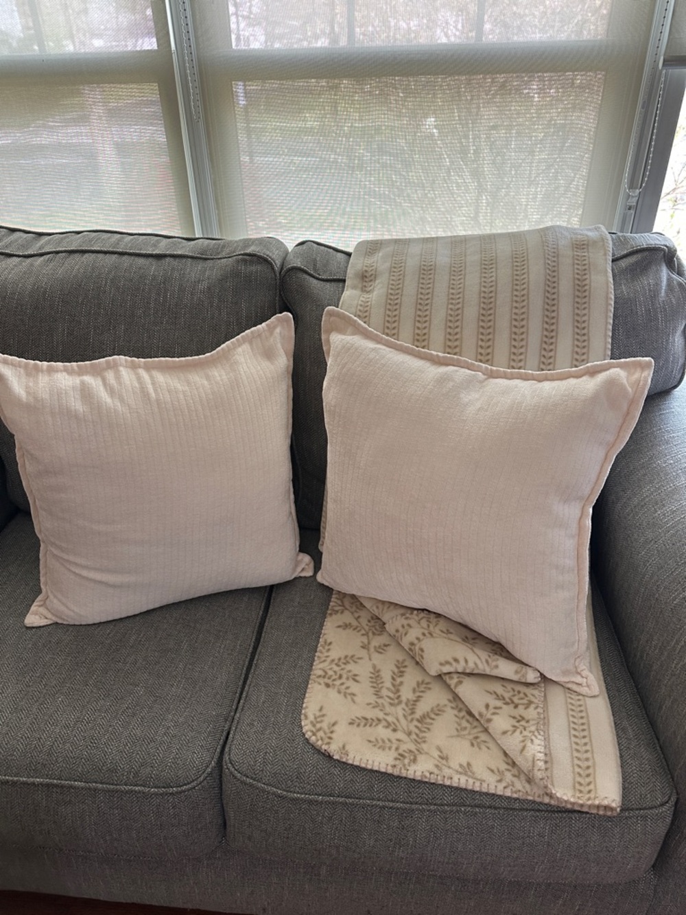 Martha Stewart Cream Textured Square Throw Pillow Pair and reversible throw